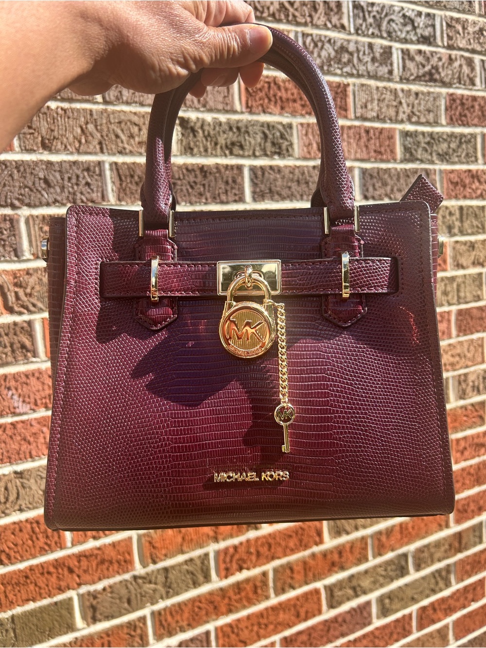 Michael Kors Burgundy Lizard Embossed Satchel Handbag Gold MK Lock